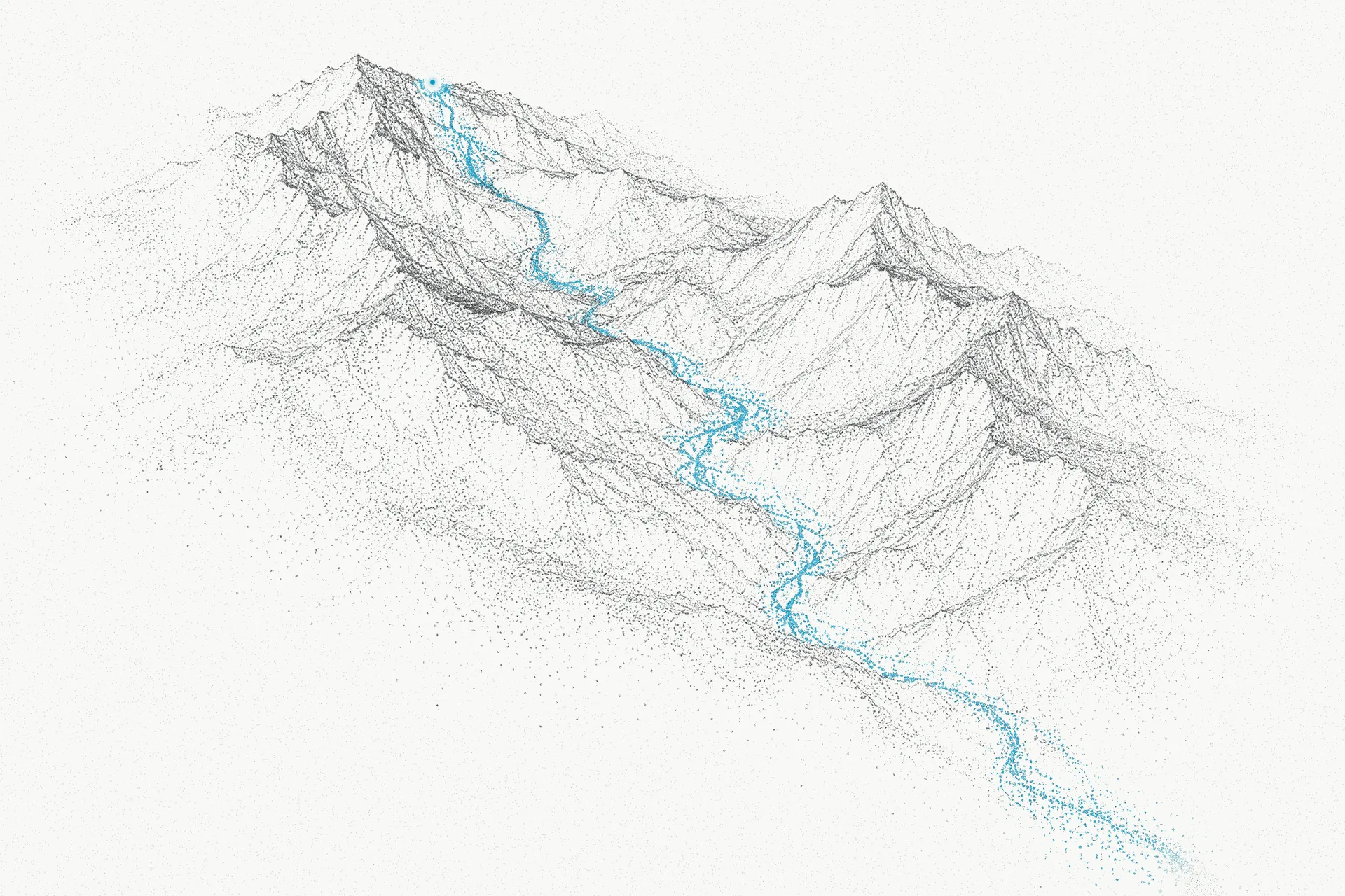 Point-cloud rendering of a mountain range with a turquoise river flowing from its summit