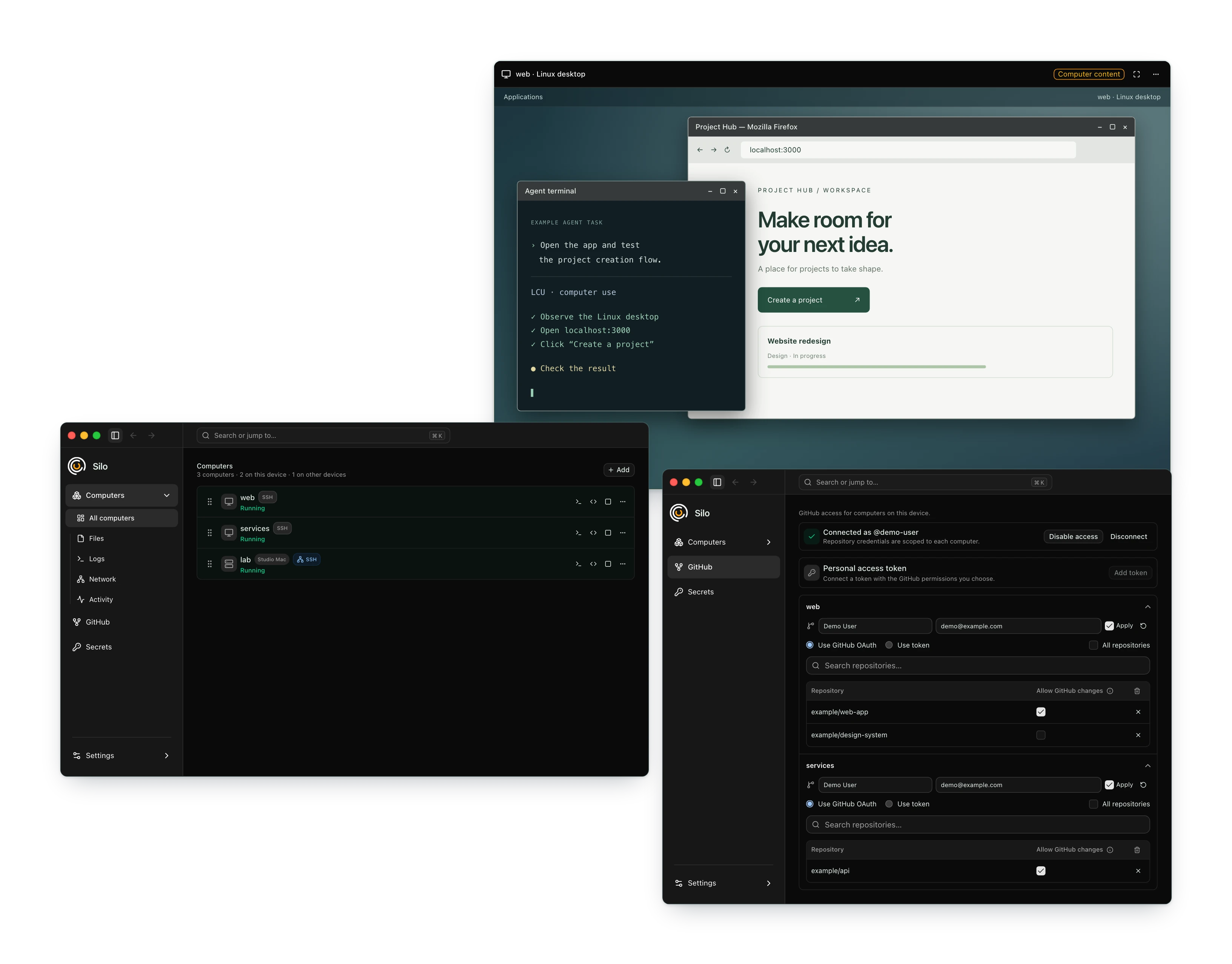 Silo's Linux desktop with an agent terminal, its computers list, and per-computer GitHub permissions